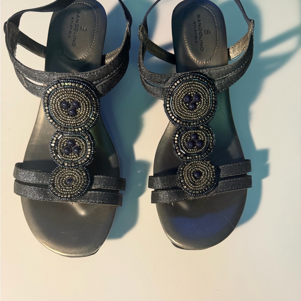 Bandolino Black Beaded T-Strap Sandals with Decorative Medallions